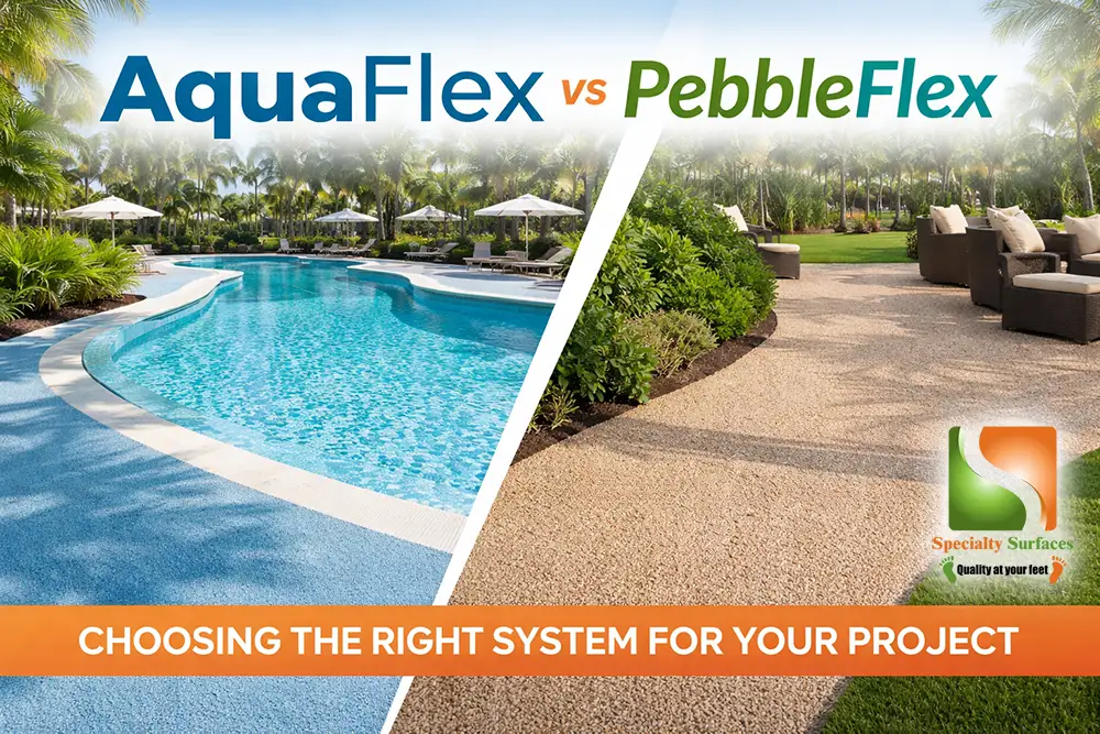 Side-by-side comparison of AquaFlex and PebbleFlex rubber surfacing showing pool deck wet-area surface and dry-use walkway installation for Florida outdoor spaces