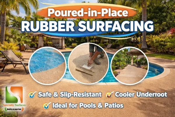 Poured-in-place rubber surfacing installed on residential pool deck showing seamless slip-resistant surface designed for homes in Naples, Fort Myers, and Cape Coral