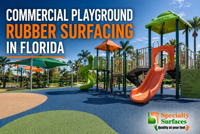 Florida commercial playground with rubber surfacing Commercial playground rubber surfacing in Florida with colorful impact-absorbing surface and play equipment designed for safety, durability, and high-traffic use