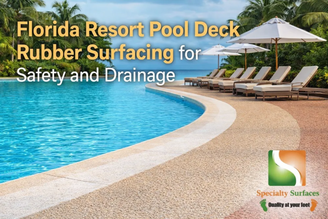 Florida-resort-pool-deck-safety Florida resort pool deck rubber surfacing with slip-resistant textured surface designed for safety, drainage, and durability in high-traffic pool areas