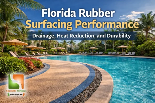 Florida Rubber Surfacing Performance for Drainage, Heat Reduction, and Durability Florida rubber surfacing performance shown on commercial pool deck highlighting drainage, heat reduction, and durable outdoor rubber surface installation