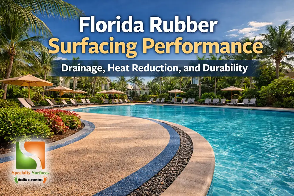 Florida rubber surfacing performance shown on commercial pool deck highlighting drainage, heat reduction, and durable outdoor rubber surface installation
