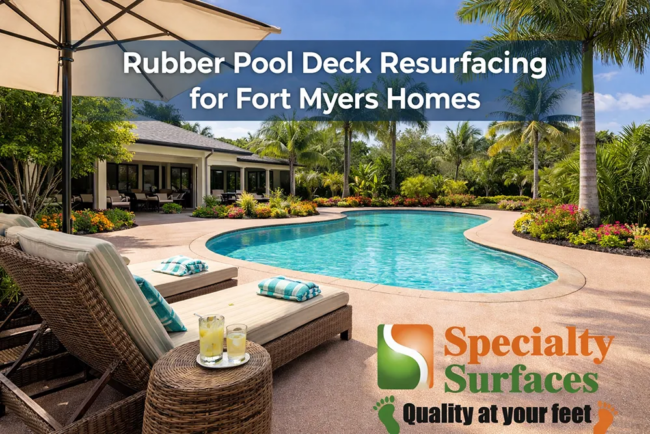 Rubber pool deck resurfacing for Fort Myers homes with slip-resistant textured surface and Specialty Surfaces logo displayed for safety and durability