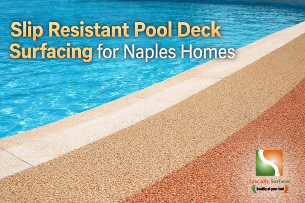 Slip resistant pool deck surfacing in Naples home with textured rubber surface and clear blue pool designed for safety and durability