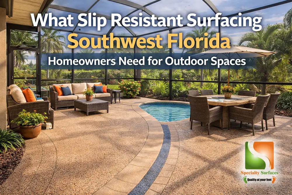 Slip resistant rubber surfacing in Southwest Florida screened lanai showing residential pool deck and patio designed for safe outdoor homeowner spaces