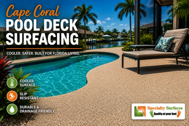 cape-coral-residential-pool-deck-coating Cape Coral residential pool deck surfacing with cool-touch rubber coating around a waterfront backyard swimming pool designed for safer, cooler outdoor living in Southwest Florida.