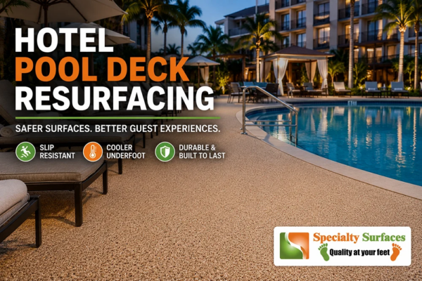 Hotel pool deck resurfacing in Florida featuring a slip-resistant commercial rubber surface around a luxury resort swimming pool designed for guest safety and outdoor durability.