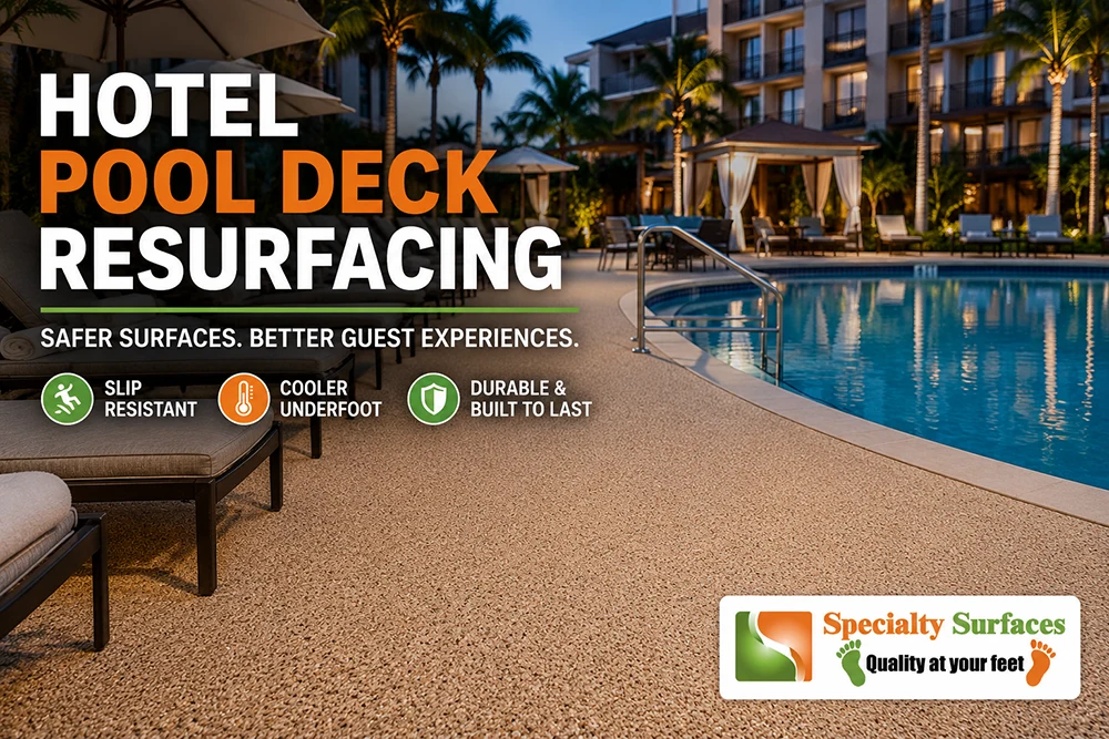 Hotel pool deck resurfacing in Florida featuring a slip-resistant commercial rubber surface around a luxury resort swimming pool designed for guest safety and outdoor durability.