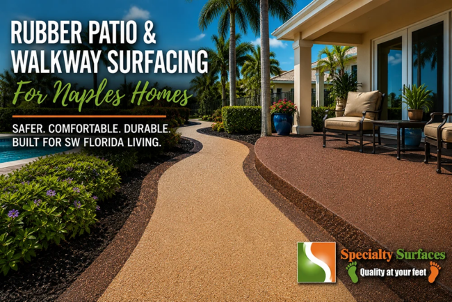 Rubber patio and walkway surfacing for Naples homes featuring durable slip-resistant outdoor rubber surfaces designed for safer and more comfortable Southwest Florida outdoor living.