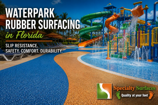 waterpark-rubber-surfaces-in-florida Waterpark rubber surfacing in Florida featuring slip-resistant poured-in-place rubber surfaces around commercial splash zones and aquatic recreation areas designed for guest safety and durability.
