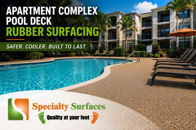 Decorative rubber pool deck surrounding an apartment complex swimming pool in Florida with slip-resistant commercial surfacing.