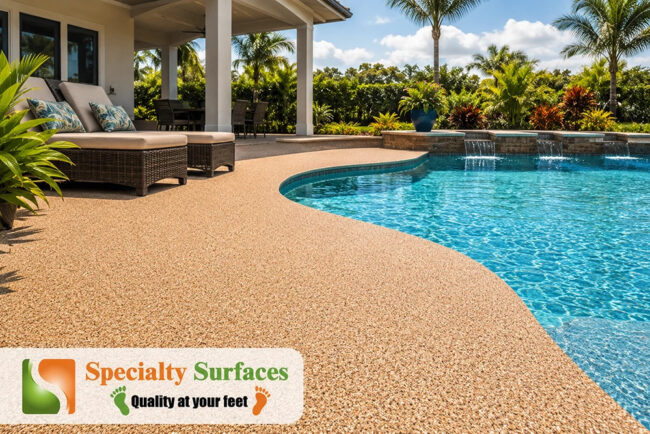 Tropical-backyard-escape-Fort-Myers-pool-deck Decorative rubber pool deck with cool-touch surface surrounding a residential swimming pool in Fort Myers Florida