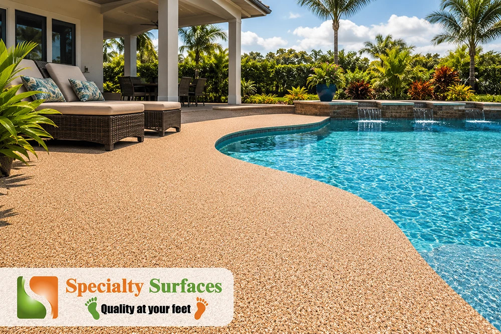 Decorative rubber pool deck with cool-touch surface surrounding a residential swimming pool in Fort Myers Florida