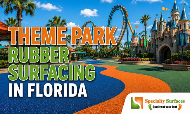 Decorative rubber surfacing installed in a Florida theme park walkway designed for high-traffic guest areas with improved safety and durability.