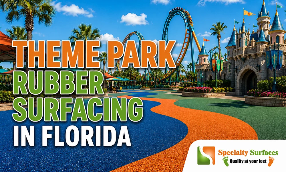 Decorative rubber surfacing installed in a Florida theme park walkway designed for high-traffic guest areas with improved safety and durability.