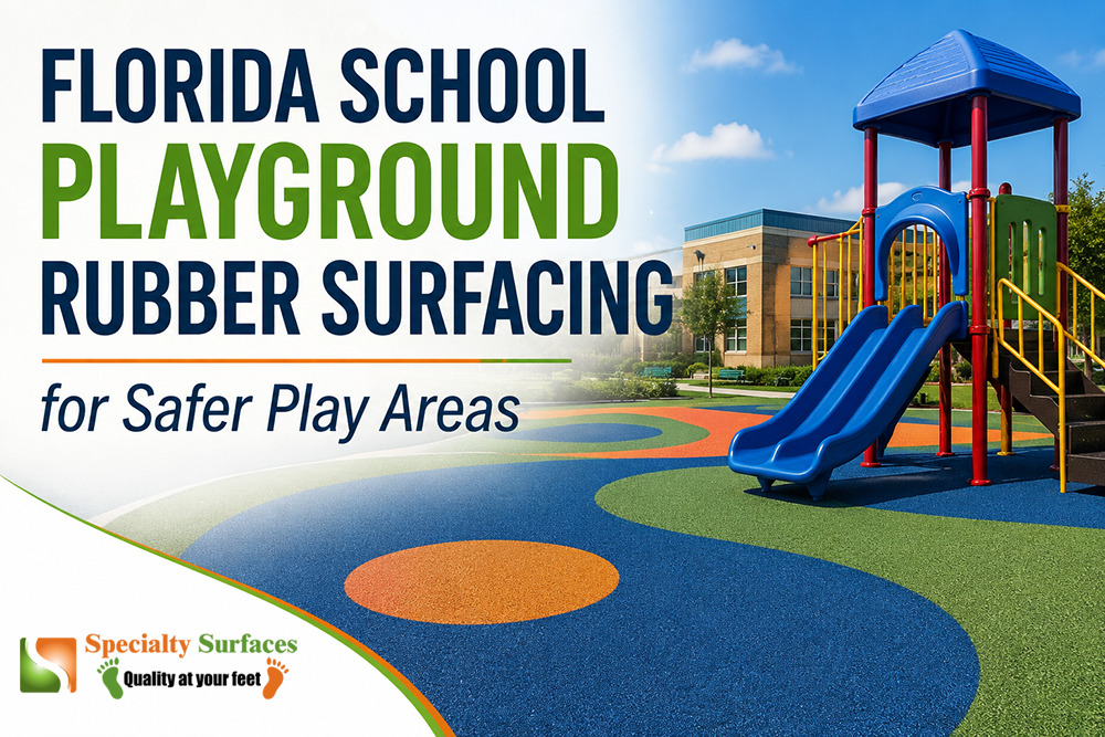 Florida school playground with colorful poured-in-place rubber surfacing, modern play equipment, and the title "Florida School Playground Rubber Surfacing for Safer Play Areas" by Specialty Surfaces.