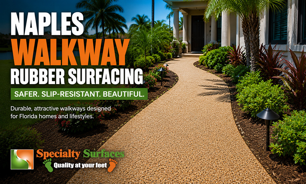 Decorative rubber walkway installed at a Naples home using slip-resistant rubber surfacing by Specialty Surfaces.