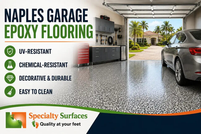 Naples-Garage-Epoxy-Flooring-Showcase Naples residential garage featuring decorative epoxy flake flooring with a durable Polyaspartic sealer and the title "Naples Garage Epoxy Flooring for Durable Residential Floors" by Specialty Surfaces.