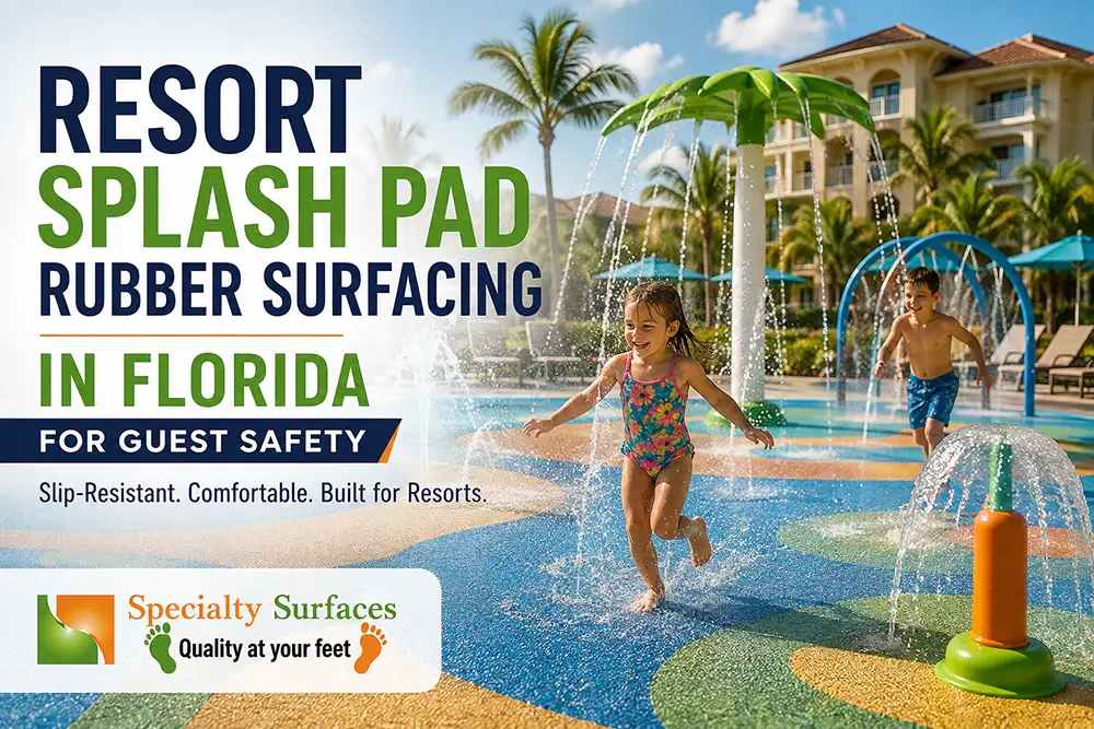 Florida resort splash pad featuring colorful slip-resistant rubber flooring for a safe aquatic play area with the title "Resort Splash Pad Rubber Surfacing in Florida for Guest Safety" by Specialty Surfaces.