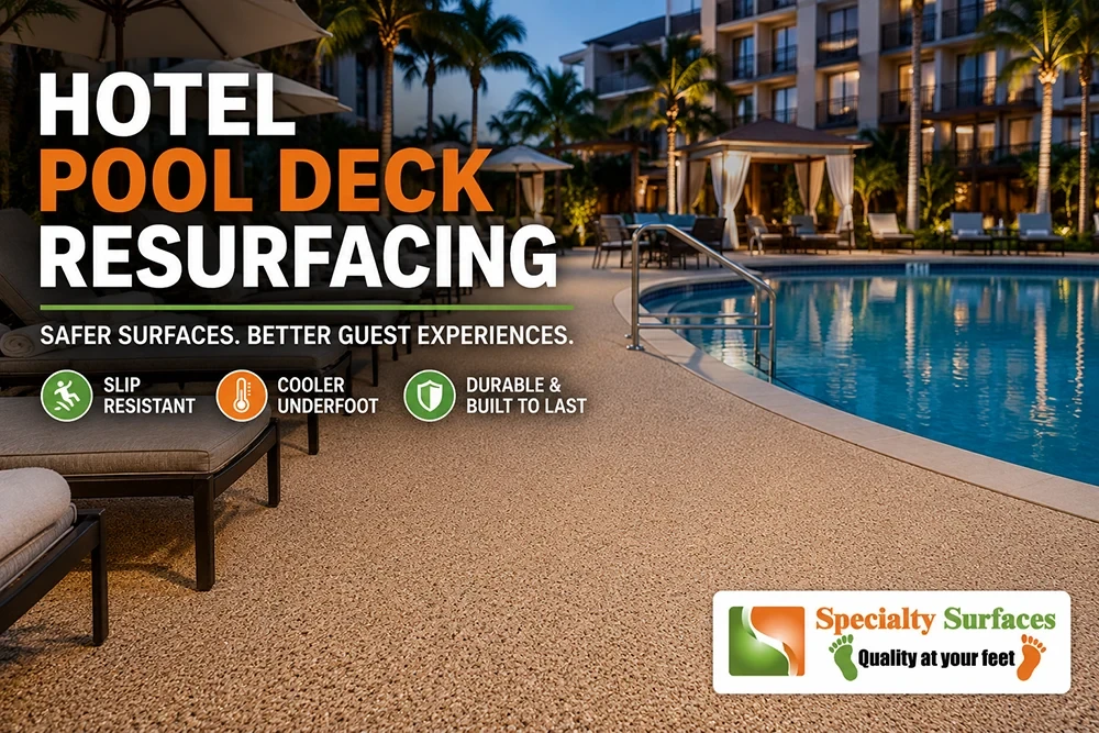 Hotel pool deck resurfacing in Florida featuring a slip-resistant commercial rubber surface around a luxury resort swimming pool designed for guest safety and outdoor durability.
