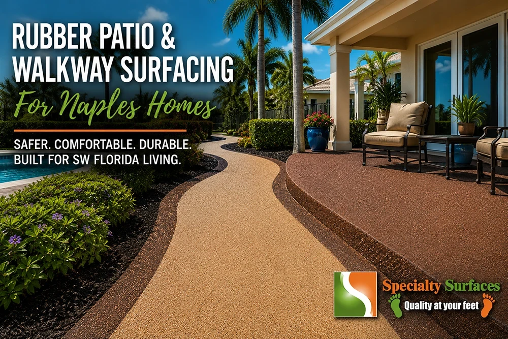 Rubber patio and walkway surfacing for Naples homes featuring durable slip-resistant outdoor rubber surfaces designed for safer and more comfortable Southwest Florida outdoor living.