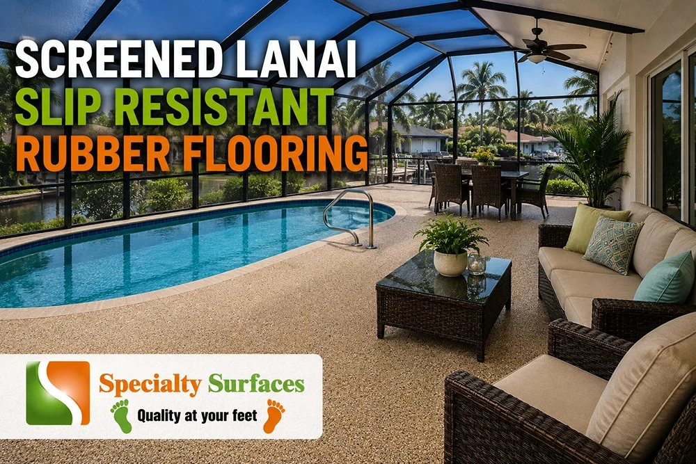 Decorative rubber flooring installed on a screened lanai at a Cape Coral home, providing a slip-resistant and comfortable outdoor living surface.