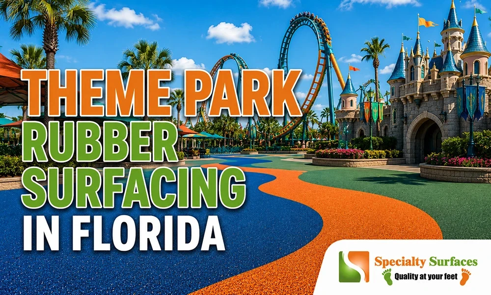 Decorative rubber surfacing installed in a Florida theme park walkway designed for high-traffic guest areas with improved safety and durability.