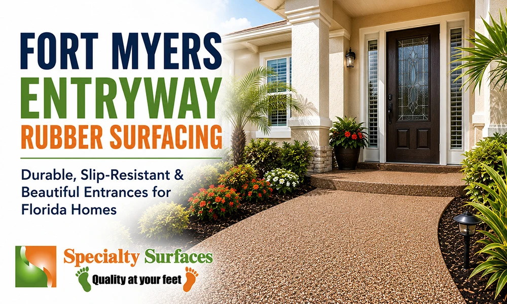 Fort Myers home entryway featuring decorative slip-resistant rubber surfacing with the title "Fort Myers Entryway Rubber Surfacing" and the subtitle "Durable, Slip-Resistant & Beautiful Entrances for Florida Homes" by Specialty Surfaces.