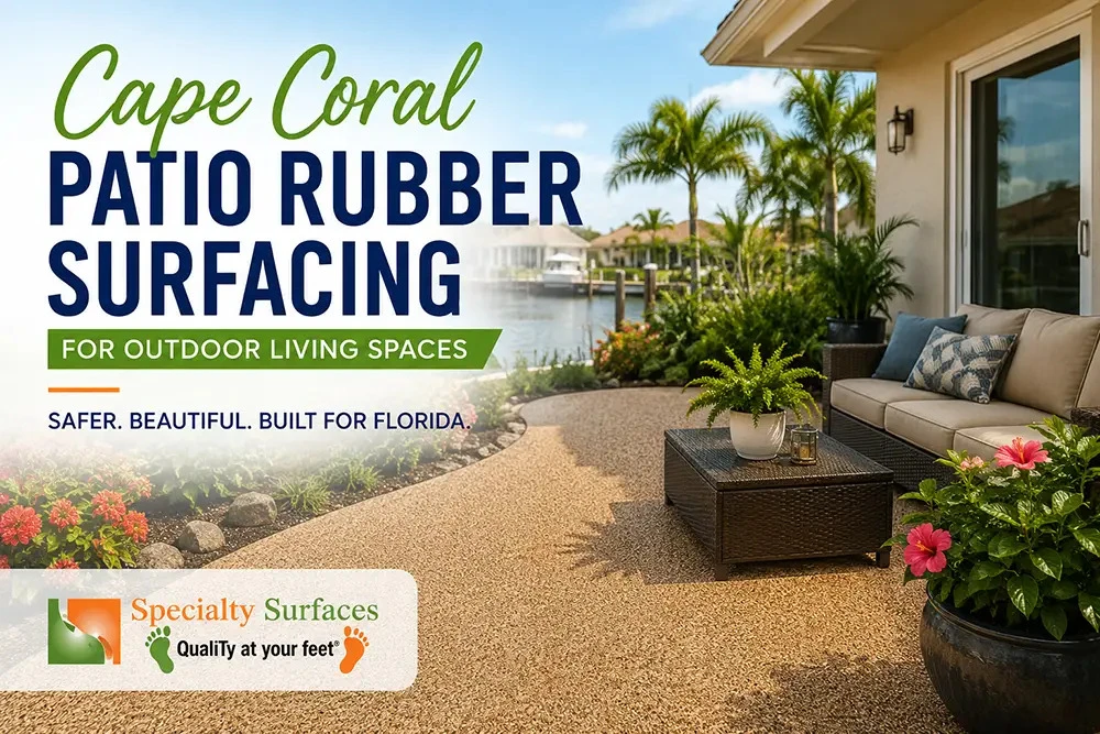 Cape Coral home patio featuring decorative rubber surfacing and comfortable outdoor living space with the title "Cape Coral Patio Rubber Surfacing for Outdoor Living Spaces" by Specialty Surfaces.
