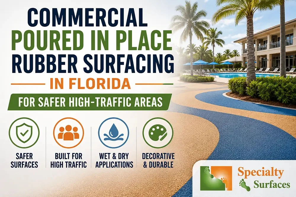 High-traffic Florida commercial property featuring seamless poured-in-place rubber surfacing with the title "Commercial Poured in Place Rubber Surfacing in Florida for Safer High-Traffic Areas" by Specialty Surfaces.
