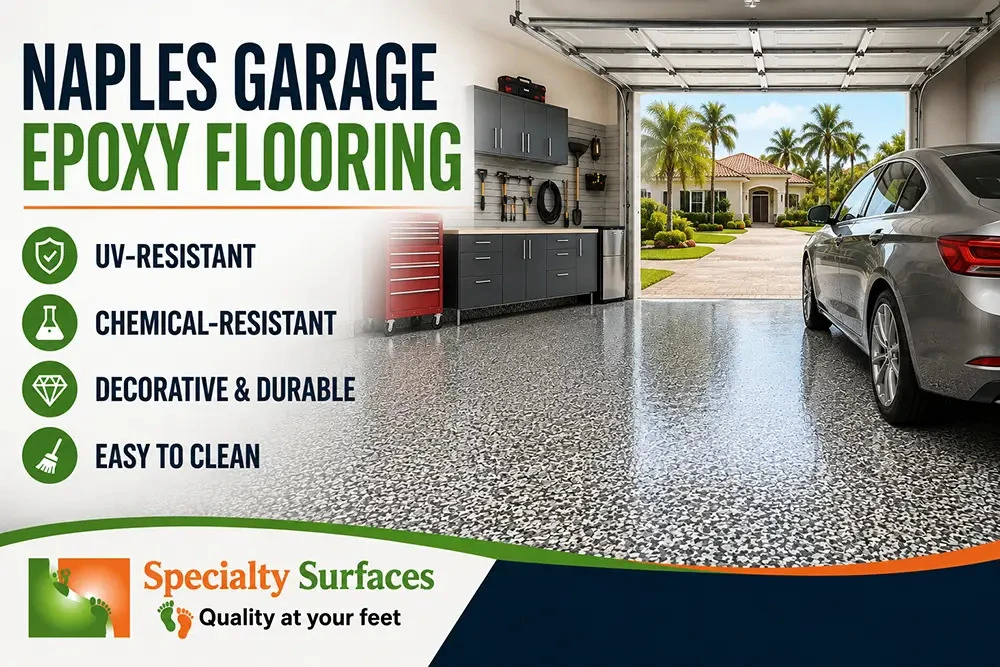 Naples residential garage featuring decorative epoxy flake flooring with a durable Polyaspartic sealer and the title "Naples Garage Epoxy Flooring for Durable Residential Floors" by Specialty Surfaces.