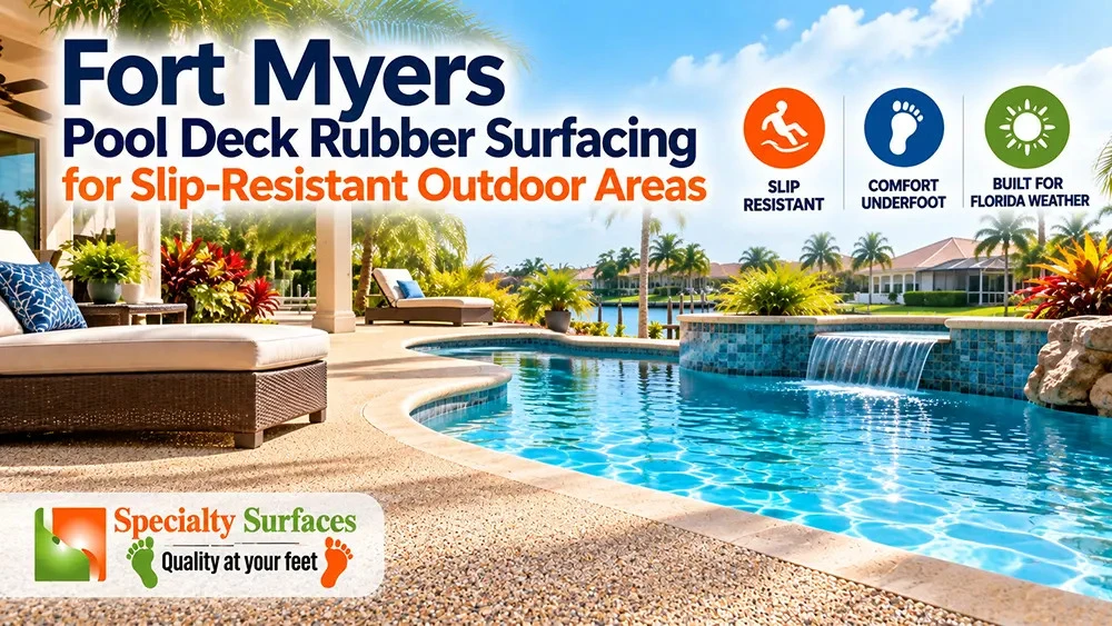 Fort Myers residential pool deck with slip-resistant rubber surfacing creating a safer, attractive outdoor living area by Specialty Surfaces.